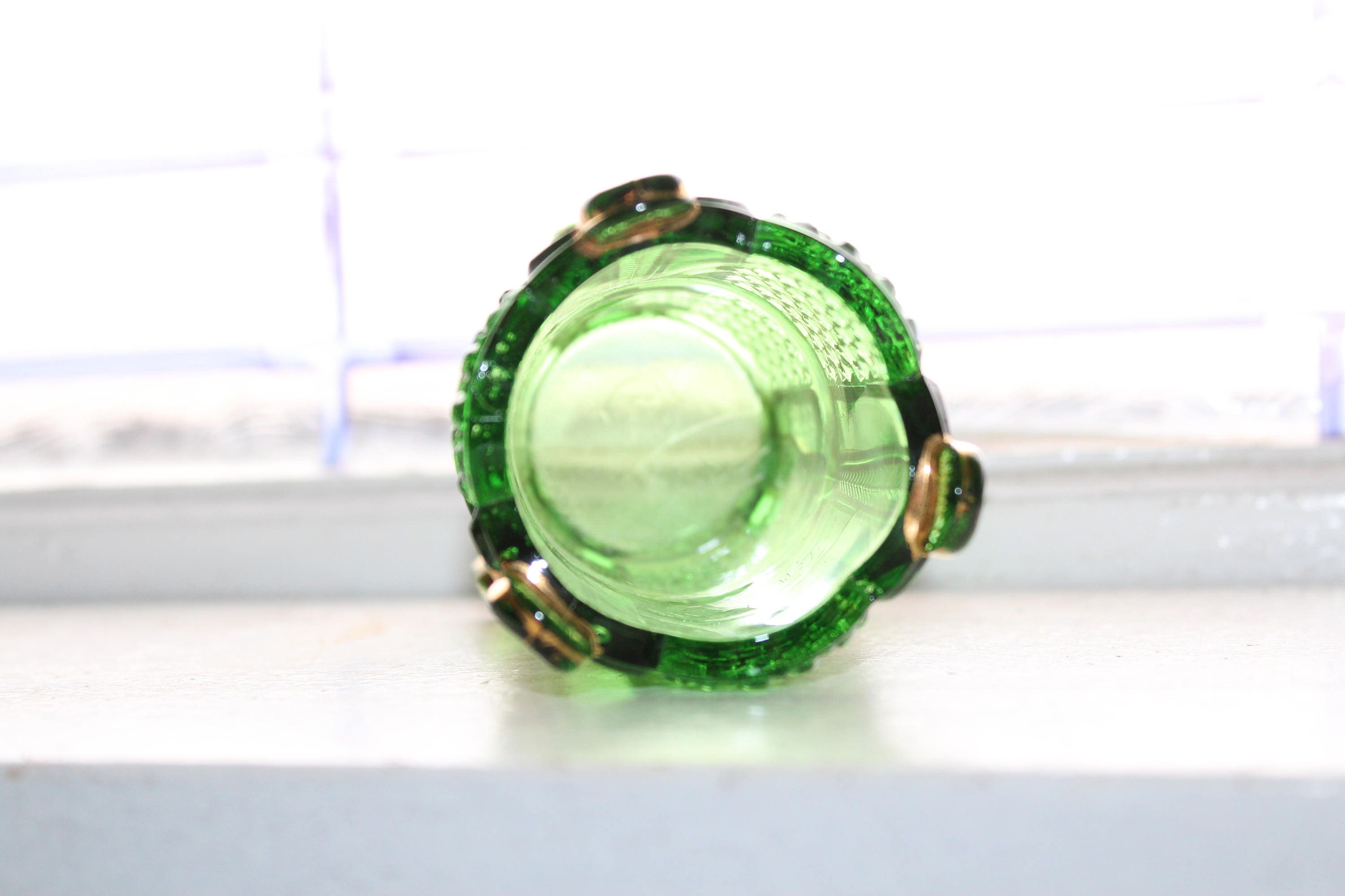 Antique Emerald Green Glass Toothbrush Holder w Gold Trim EAPG US Glass