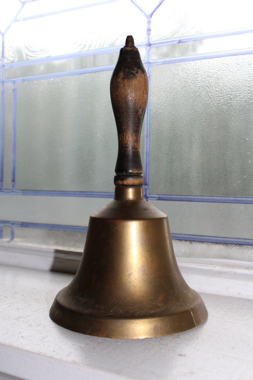 Large Brass School Bell Black Wooden Handle Vintage Country Decor
