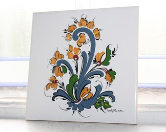 Vintage Norwegian Rosemaled Trivet Tile Carolyn Borgen Limited Edition