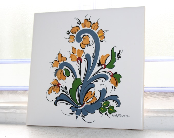 Vintage Norwegian Rosemaled Trivet Tile Carolyn Borgen Limited Edition