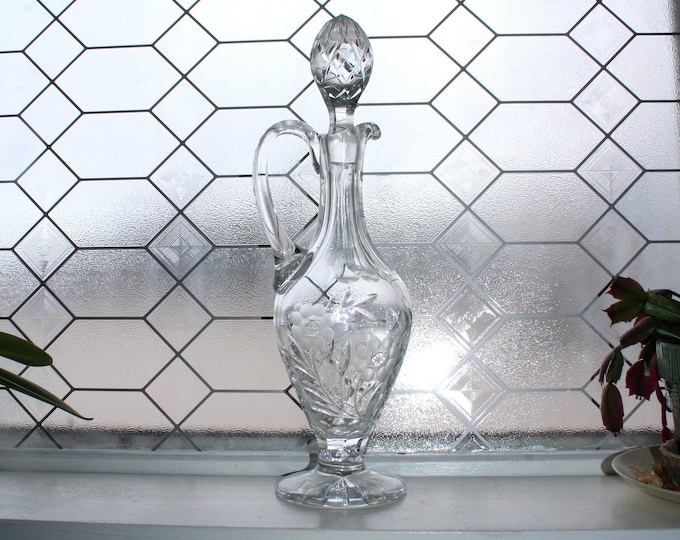 Very Large Vintage Cut Crystal Wine Decanter Footed Floral Decoration