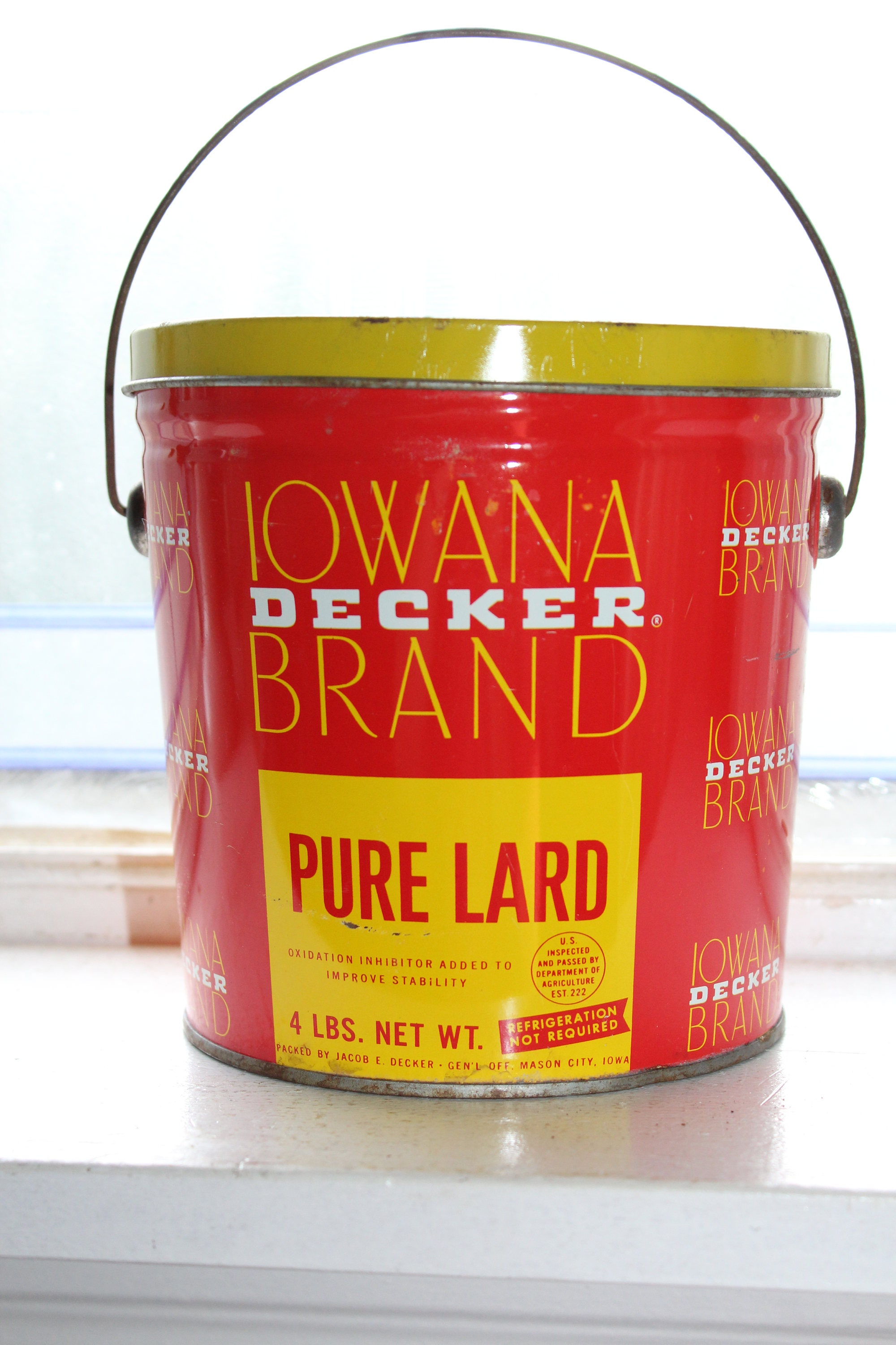 Vintage Decker Pure Lard Tin with Wire Bale Handle Red and Yellow