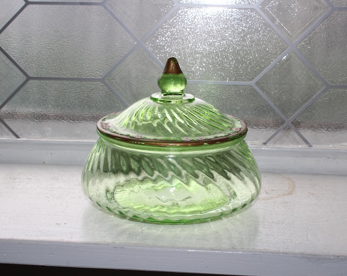 Green Depression Uranium Glass Candy Dish Spiral Green Anchor Hocking 1920s