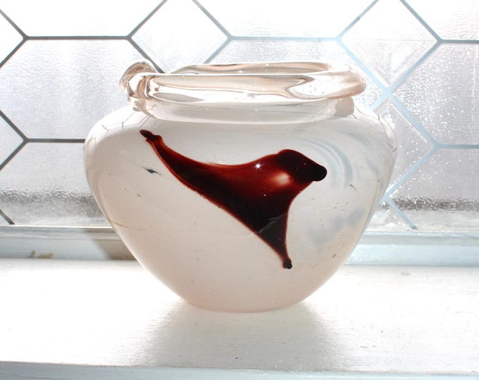 Vintage Studio Art Glass White Vase with Brown Swirl Hand Blown