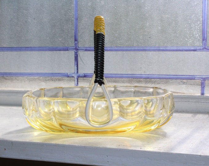 Vintage Mid Century Walther Glass Dish with Handle Yellow and Clear