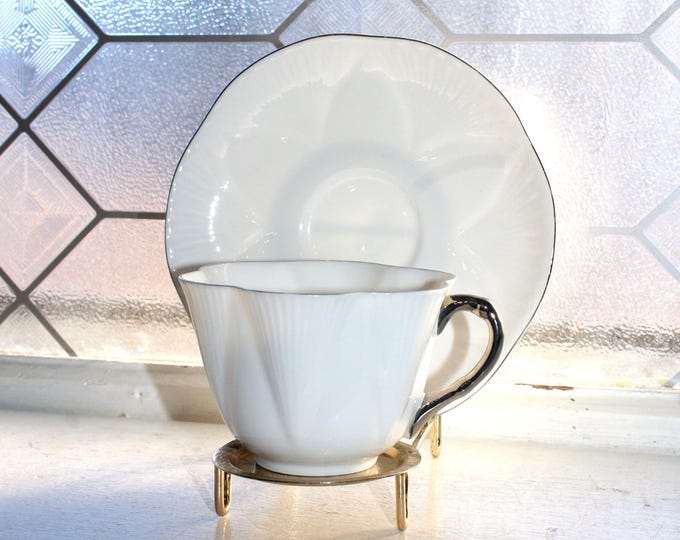 Shelley Claire De Lune Oval Cup and Saucer Dainty White w Platinum Trim