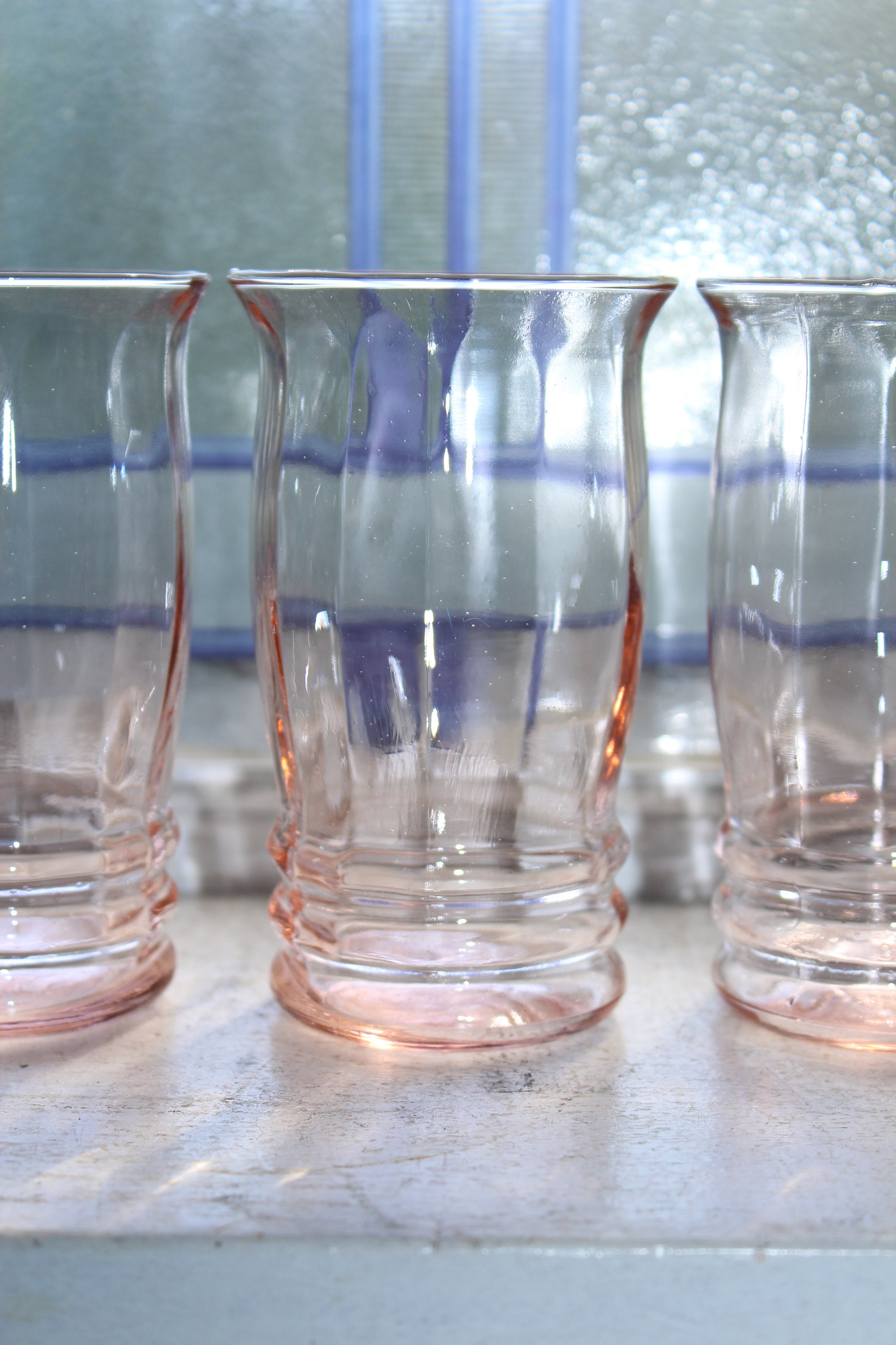 4 Pink Depression Glass Ribbed Tumblers Vintage 1930s