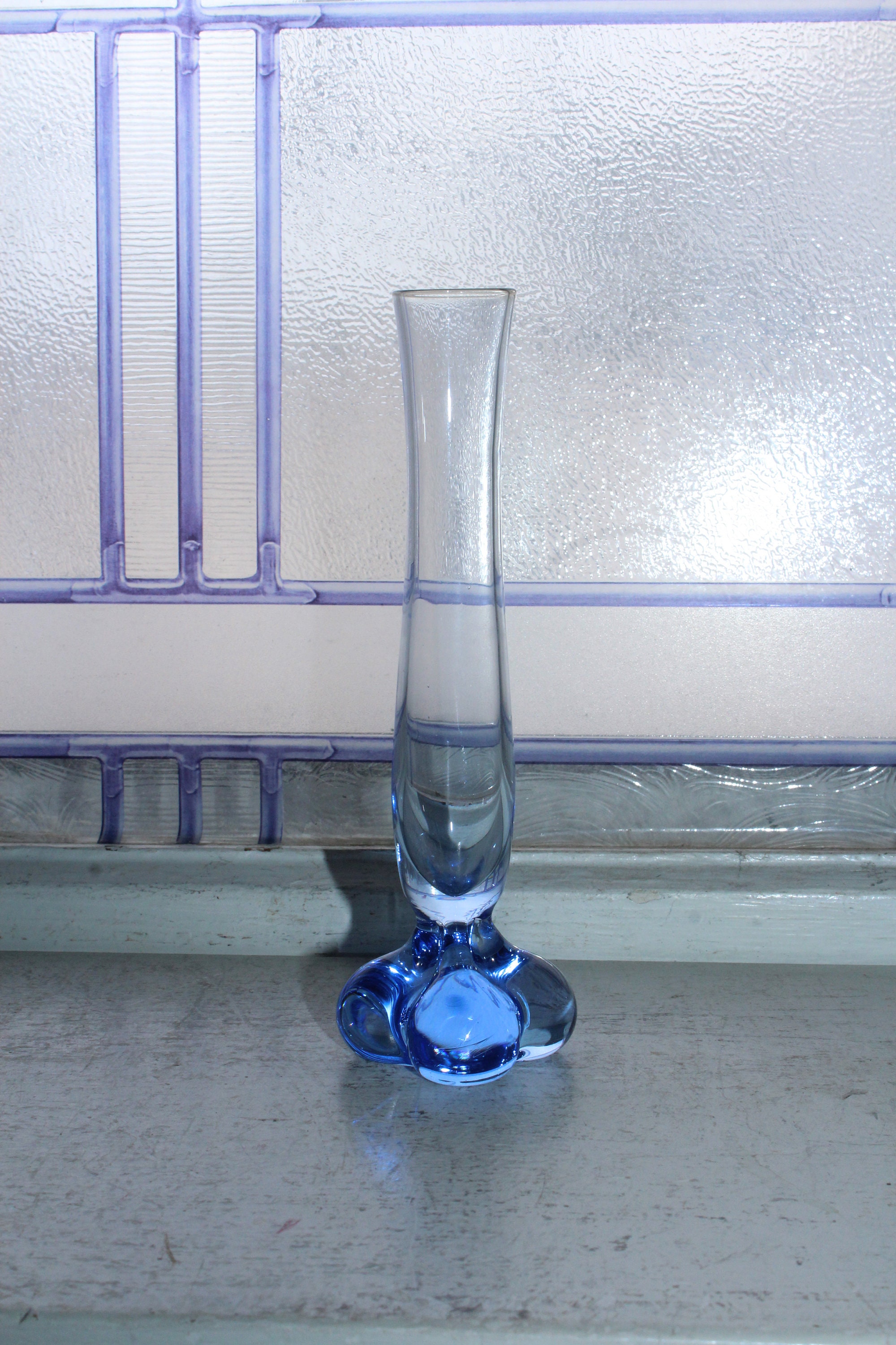 Vintage Glass Bud Vase Blue with 3 Lobe Base