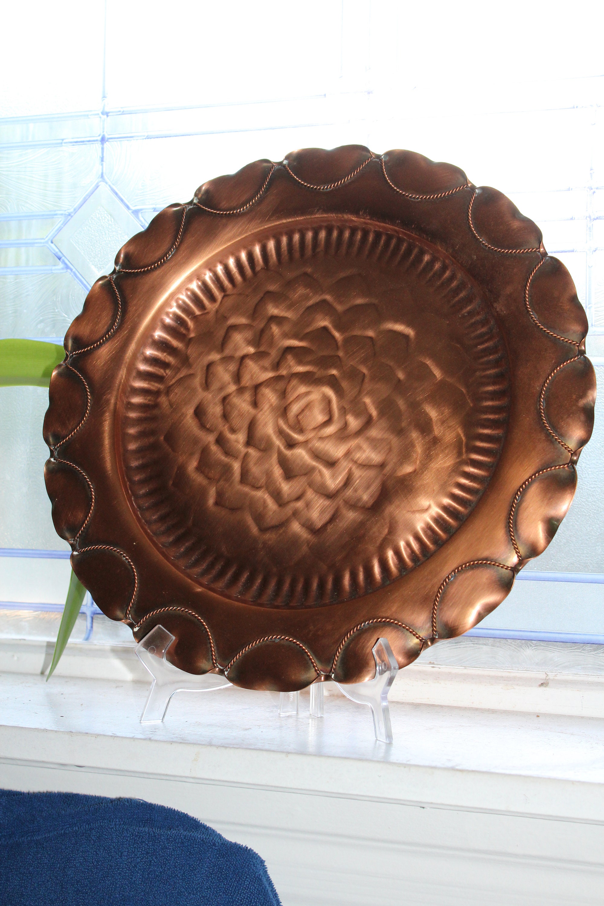 Large Vintage Gregorian Copper Tray Hand Hammered with Rope Design