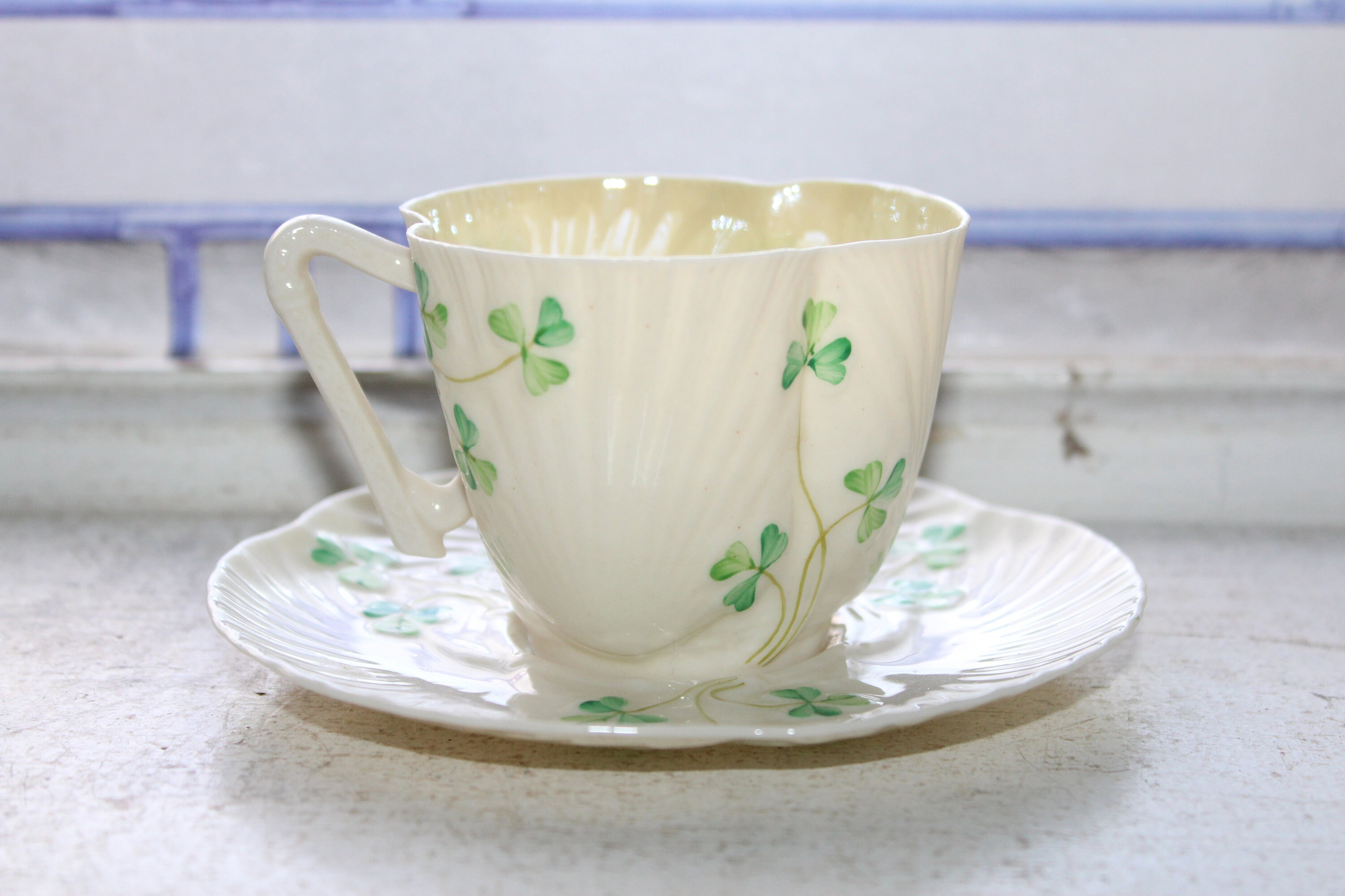 Belleek Cup and Saucer Shamrocks Shells First Green Mark Harp Handle