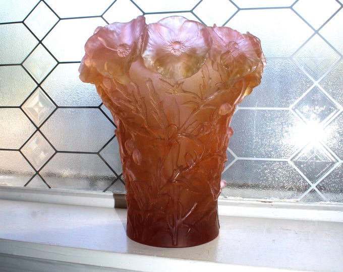 Large Daum Grand Modele Pate De Verre Hibiscus Vase with Original Box