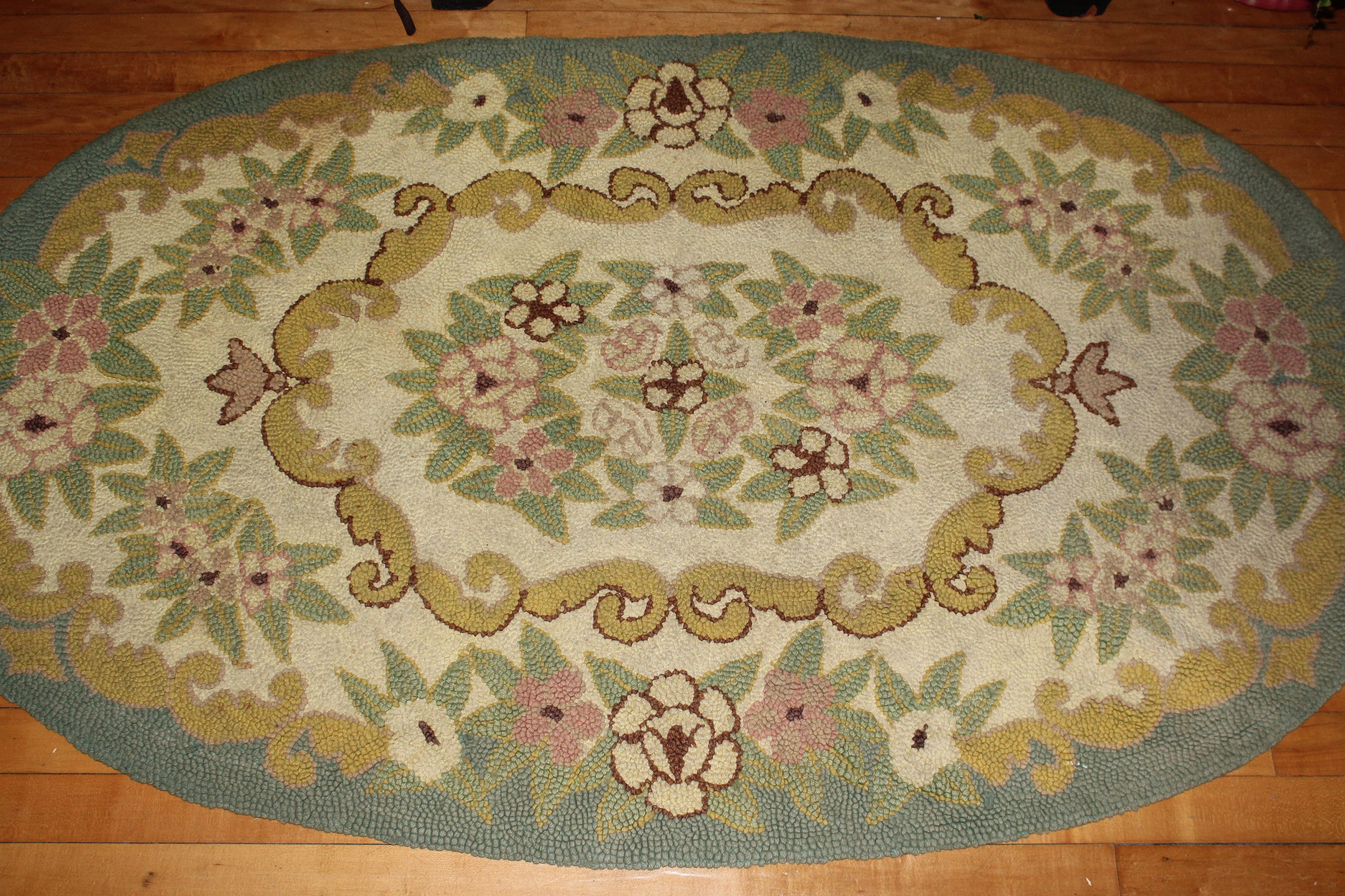 Large Hooked Rug Vintage 1940s 57 x 35 Inches Green & Yellow Floral