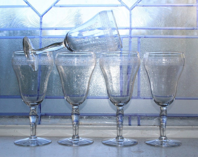 5 Art Deco Greek Key Etched Glass Wine Glasses Vintage 1920s