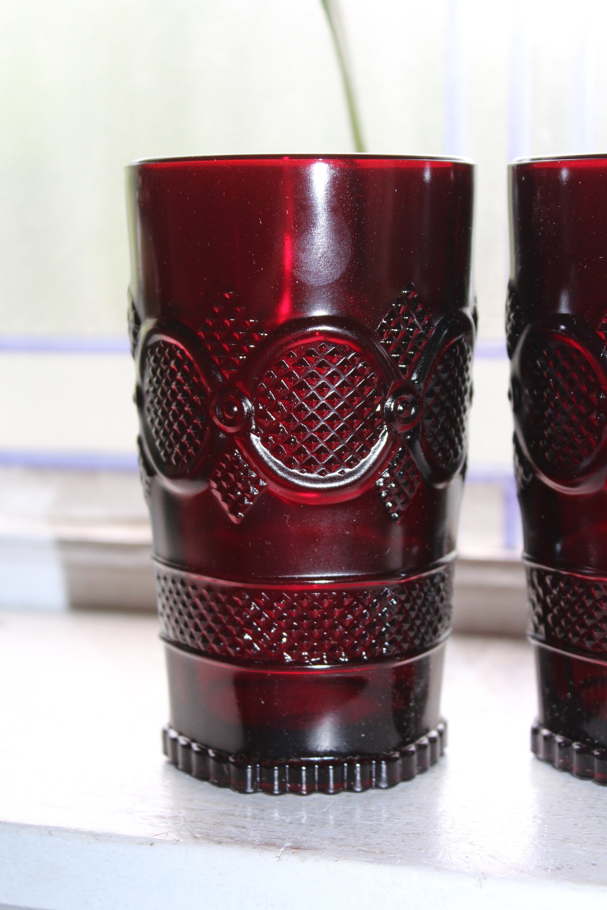 2 Ruby Red Avon Cape Cod Tumblers Tall Beverage Glass Fostoria & Box