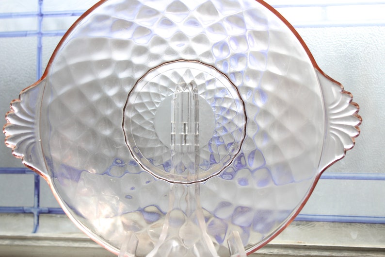 Pink Depression Glass Quilted Diamond Bowl with Handles Vintage 30s