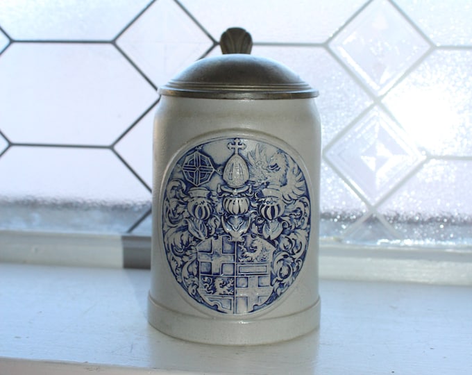 Vintage DBGM German Blue and Gray Stoneware Beer Stein Coat of Arms