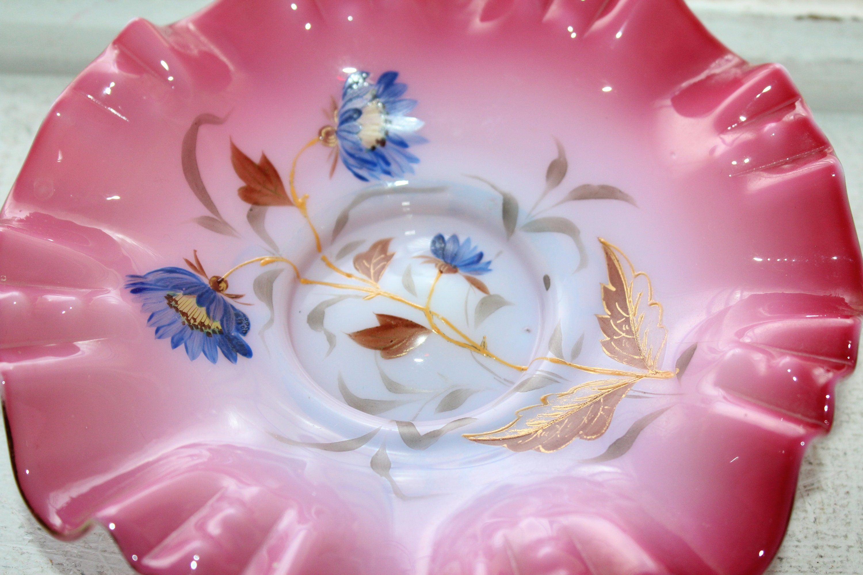 Victorian Pink Glass Dish with Brass Base & Enameled Flowers