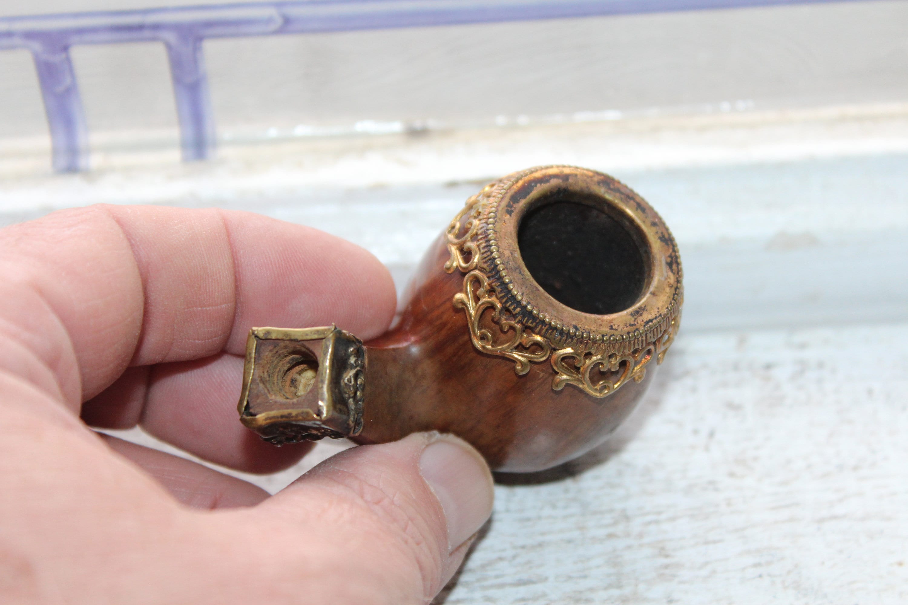 Vintage Estate Tobacco Pipe Bowl Genuine French Briar with Brass Decor