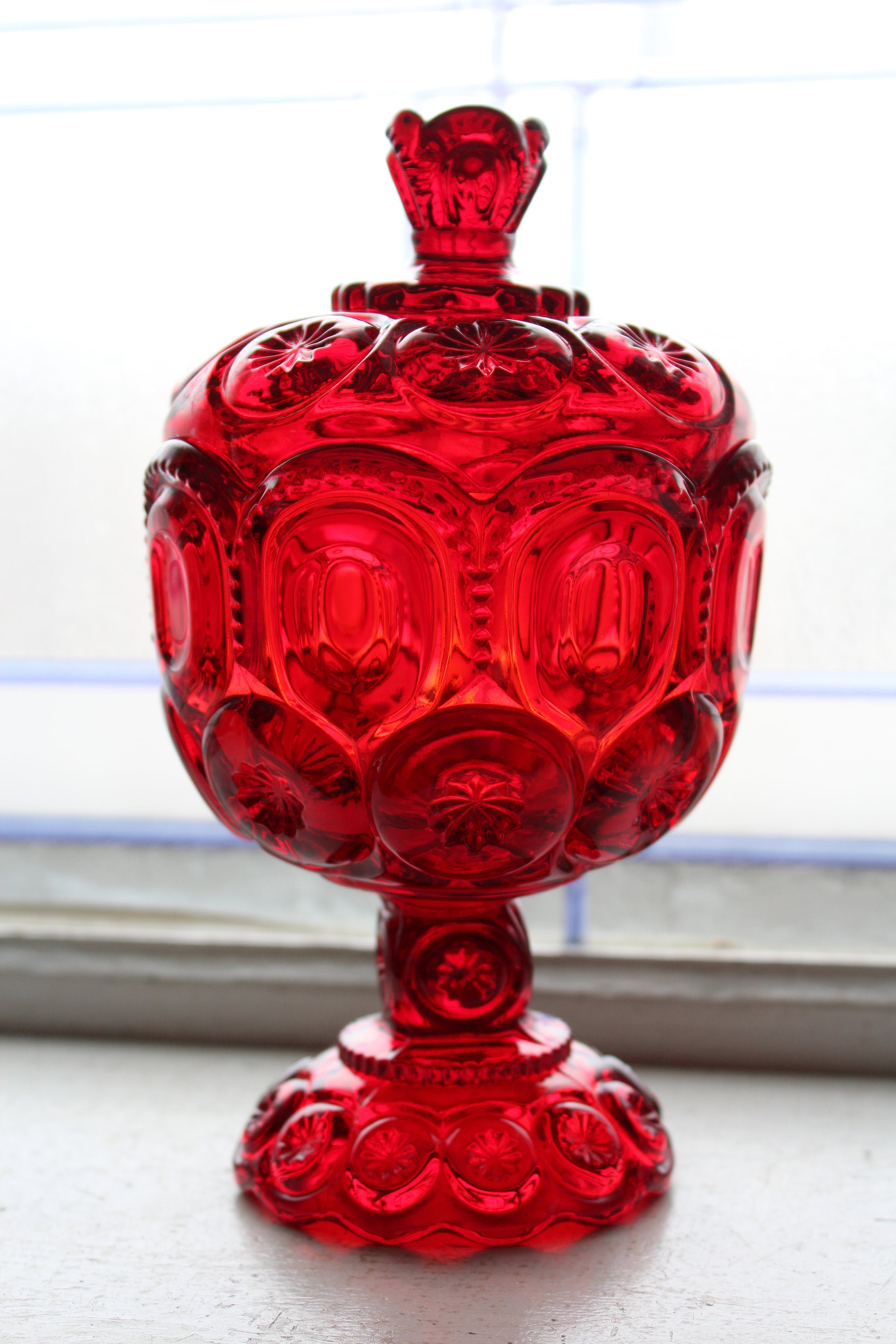 Red Moon and Stars Candy Dish Compote with Lid 8 Vintage 1960s