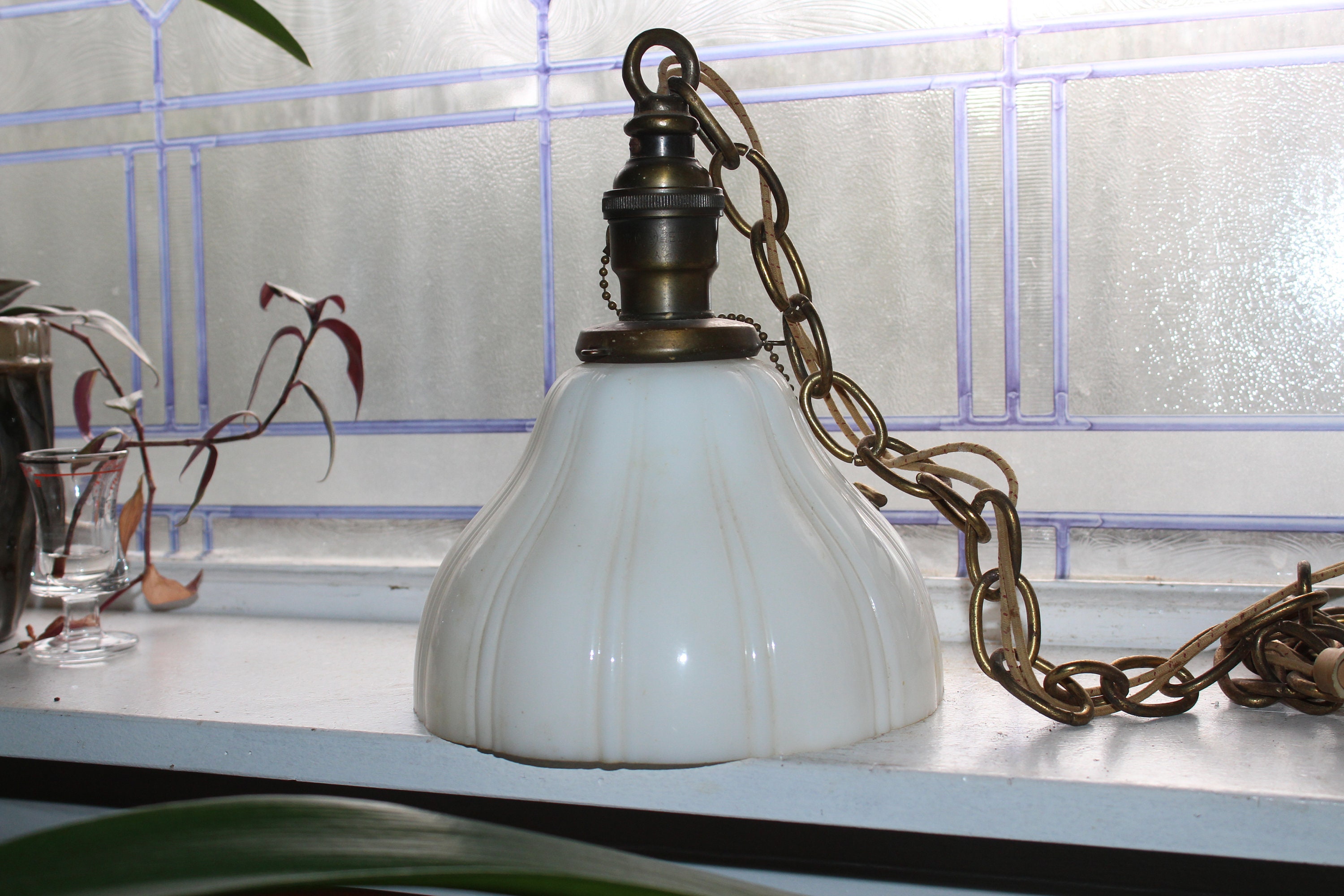 Vintage 30s Hanging Pendant Light Fixture With Ribbed Milk