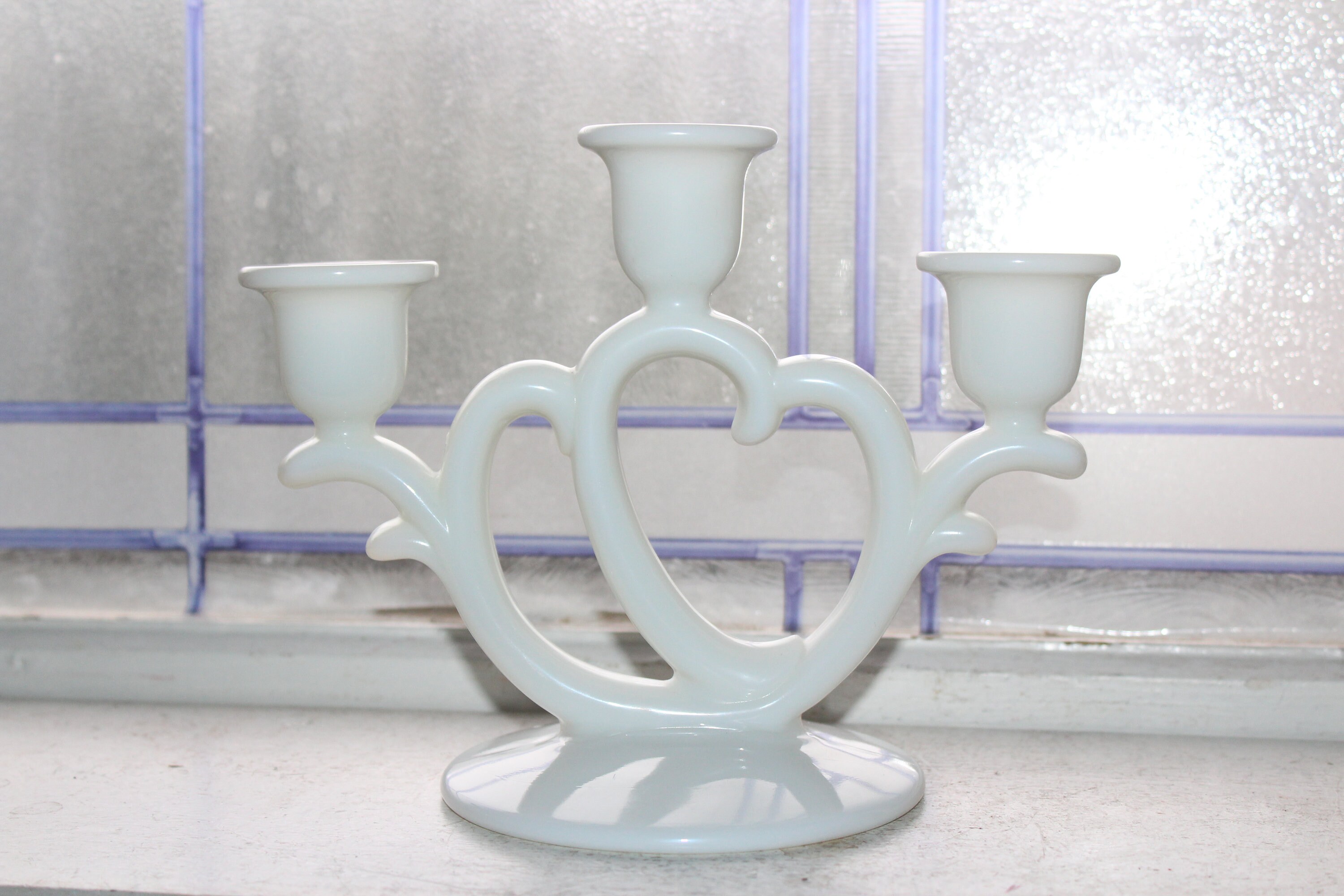 Vintage Milk Glass Heart Candelabra Candlestick Holder
