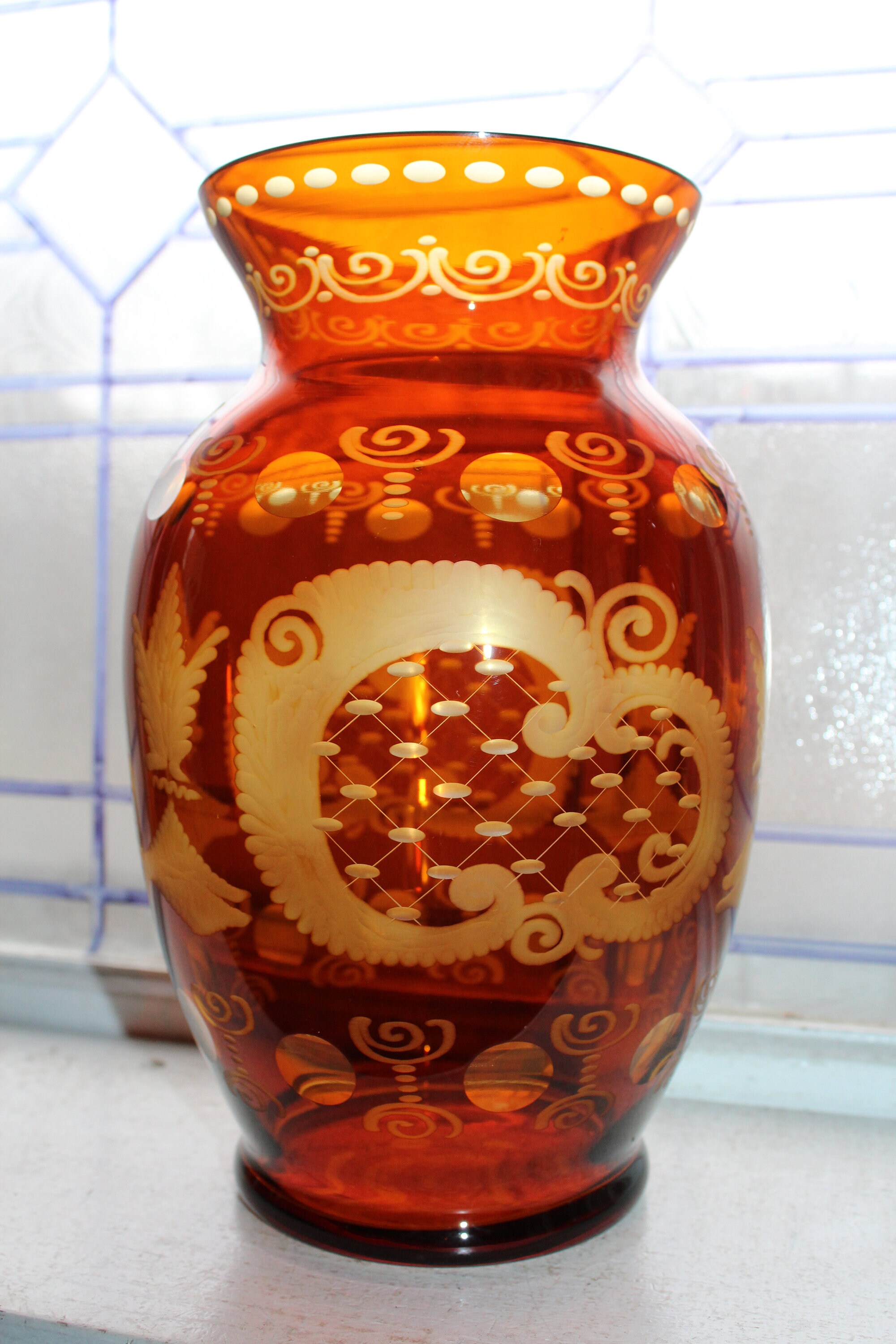 Large Vintage Amber Cut To Clear Bohemain Glass Vase Egermann Czech