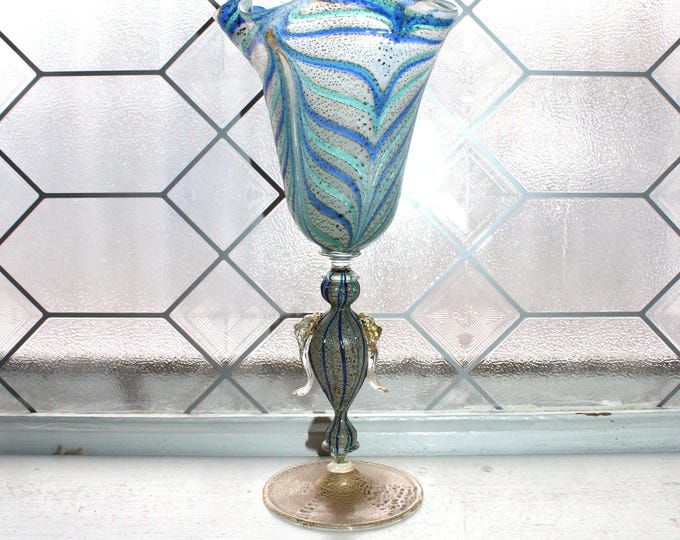 Vintage Venetian Murano Pulled Feather Glass Trumpet Vase Chalice Gilt Lion Stem