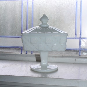 Milk Glass Pedestal Candy Dish with Lid Vintage Westmoreland Old Quilt