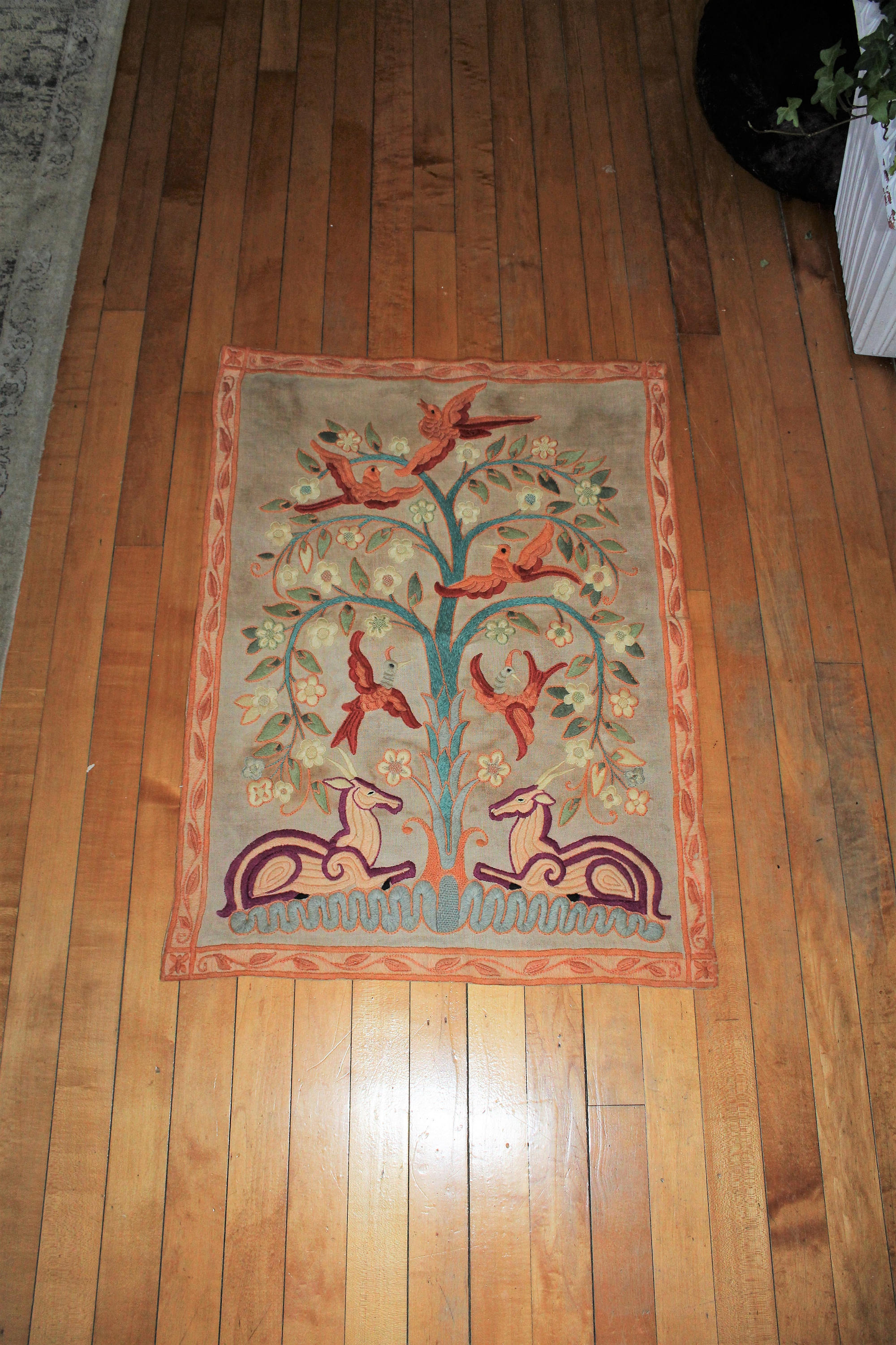 Vintage Embroidered Tapestry Folk Art Dated 1930 Gazelles Birds Tree