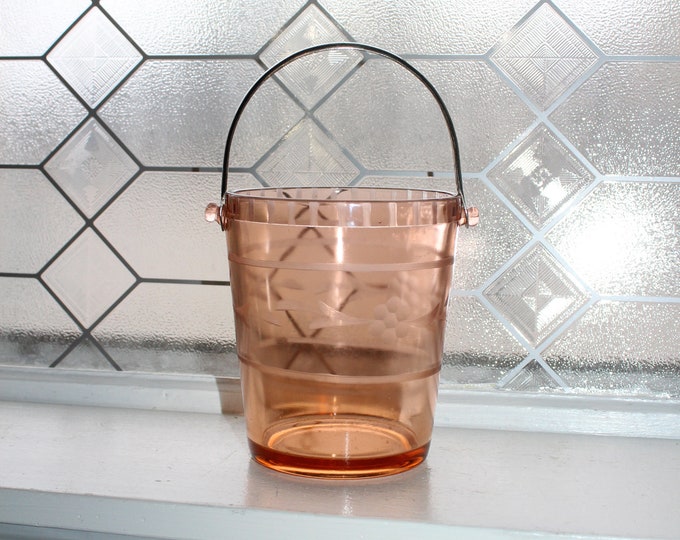 Pink Depression Glass Floral Etched Ice Bucket Vintage 1930s