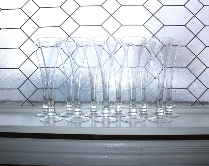 11 Vintage Art Deco Glass Champagne Flutes Hollow Stem