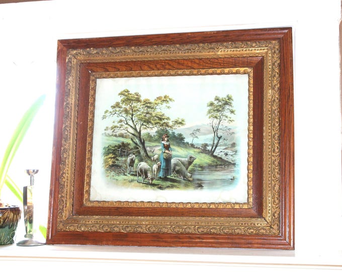 Victorian Lithograph Paul Vayson The Shepherdess's Pet with Fabulous Frame
