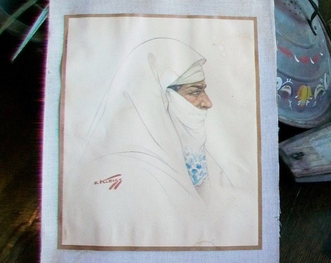 1940s Watercolor Morrocan Woman by Hans Kleiss Vintage Painting Listed Artist