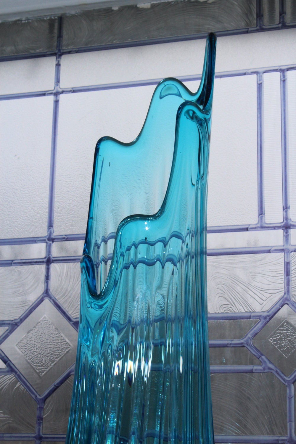 Large Blue Swung Glass Vase 20.5 Vintage 1960s