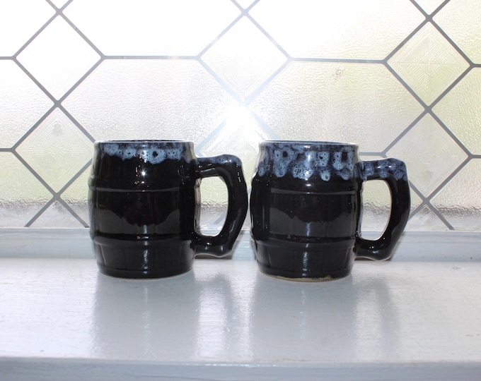 Vintage Anna Van Briggle Pottery Signed Mugs Pair Black w/ Blue Drip Glaze