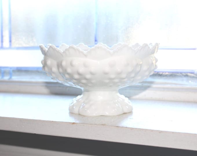 Vintage Fenton Milk Glass Hobnail Candle Holder Pedestal Dish Candlestick Holder