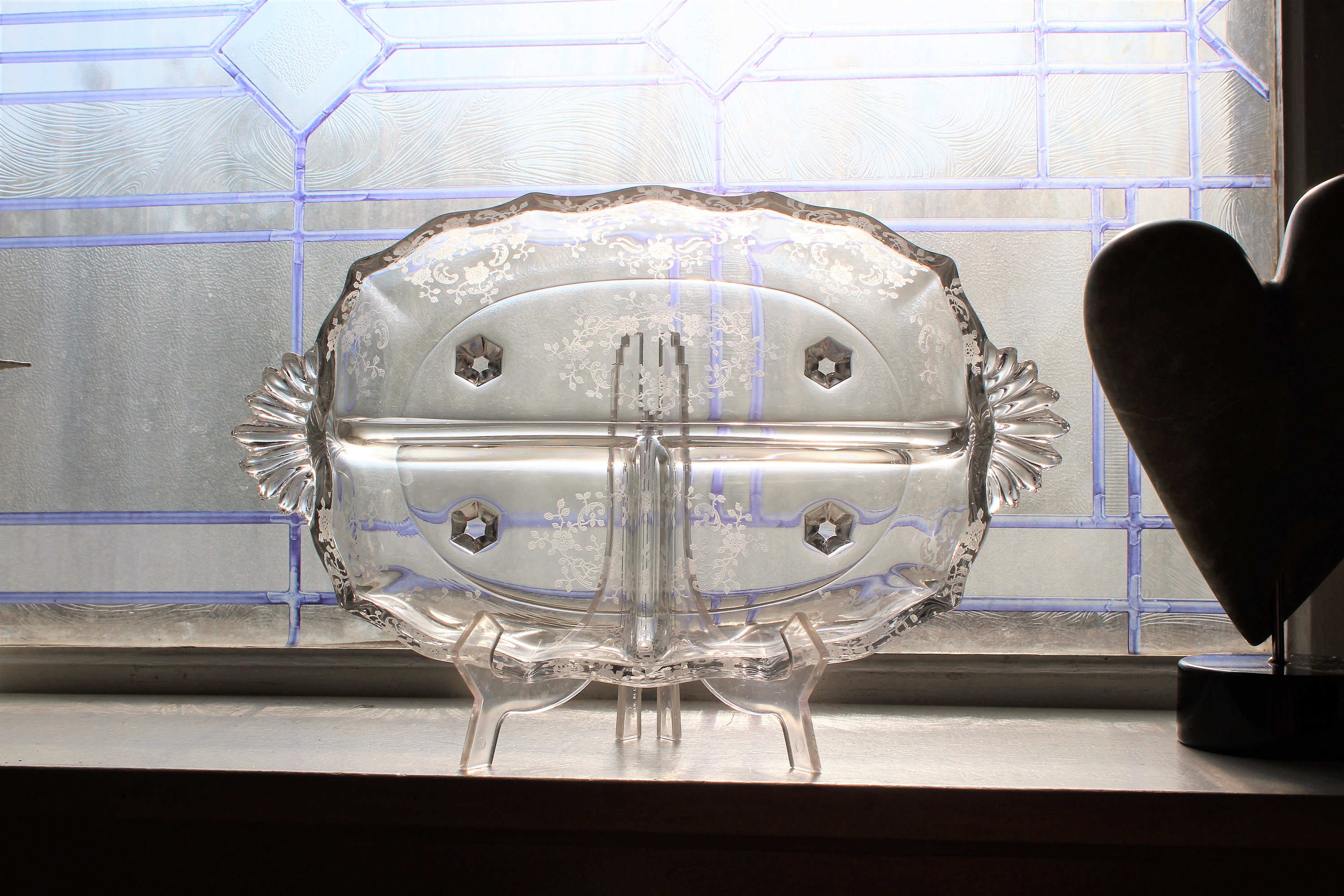 Large Cambridge Etched Glass Divided Footed Dish