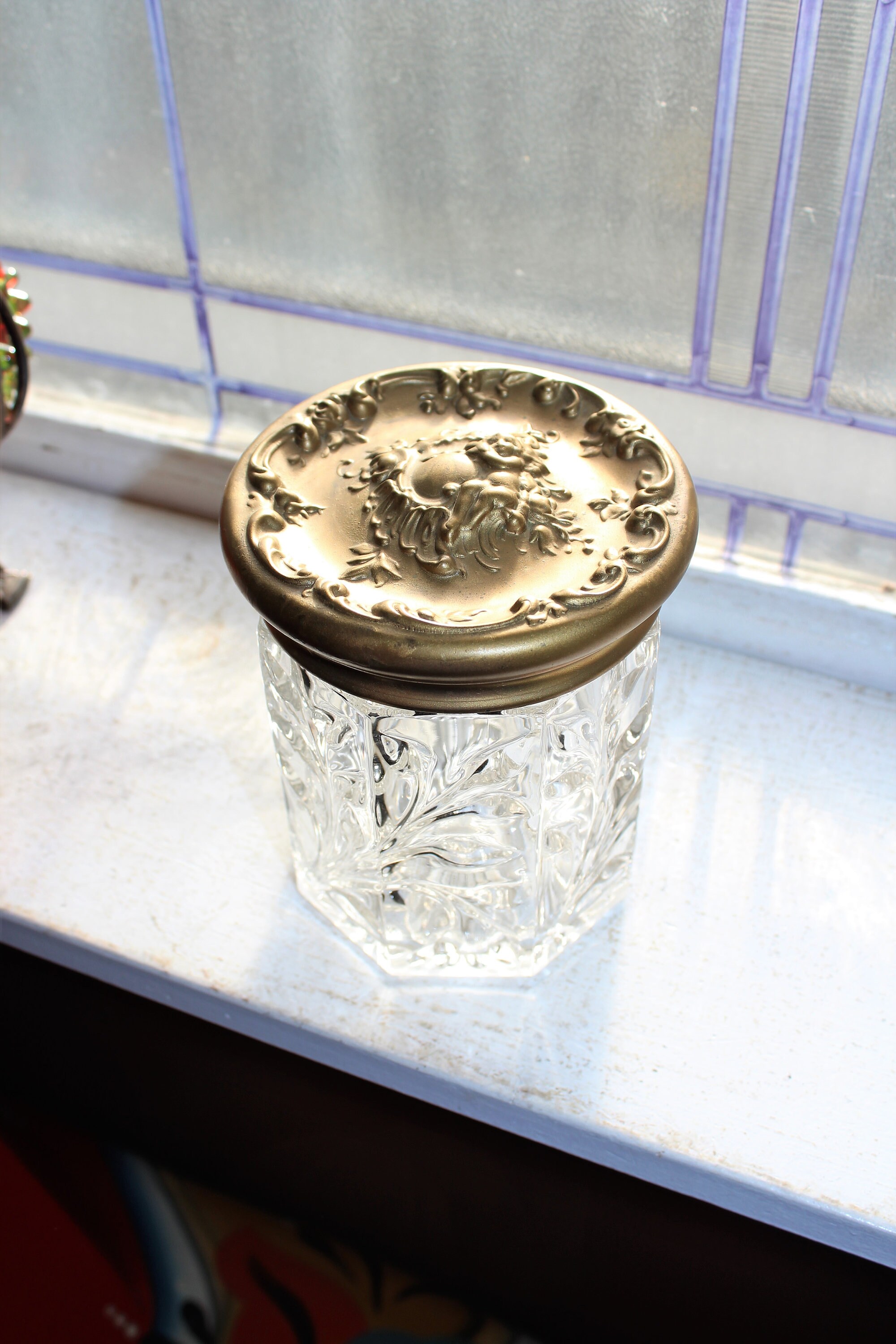 Antique Tobacco Jar Humidor Glass with Repousse Cherub Metal Lid 1900s