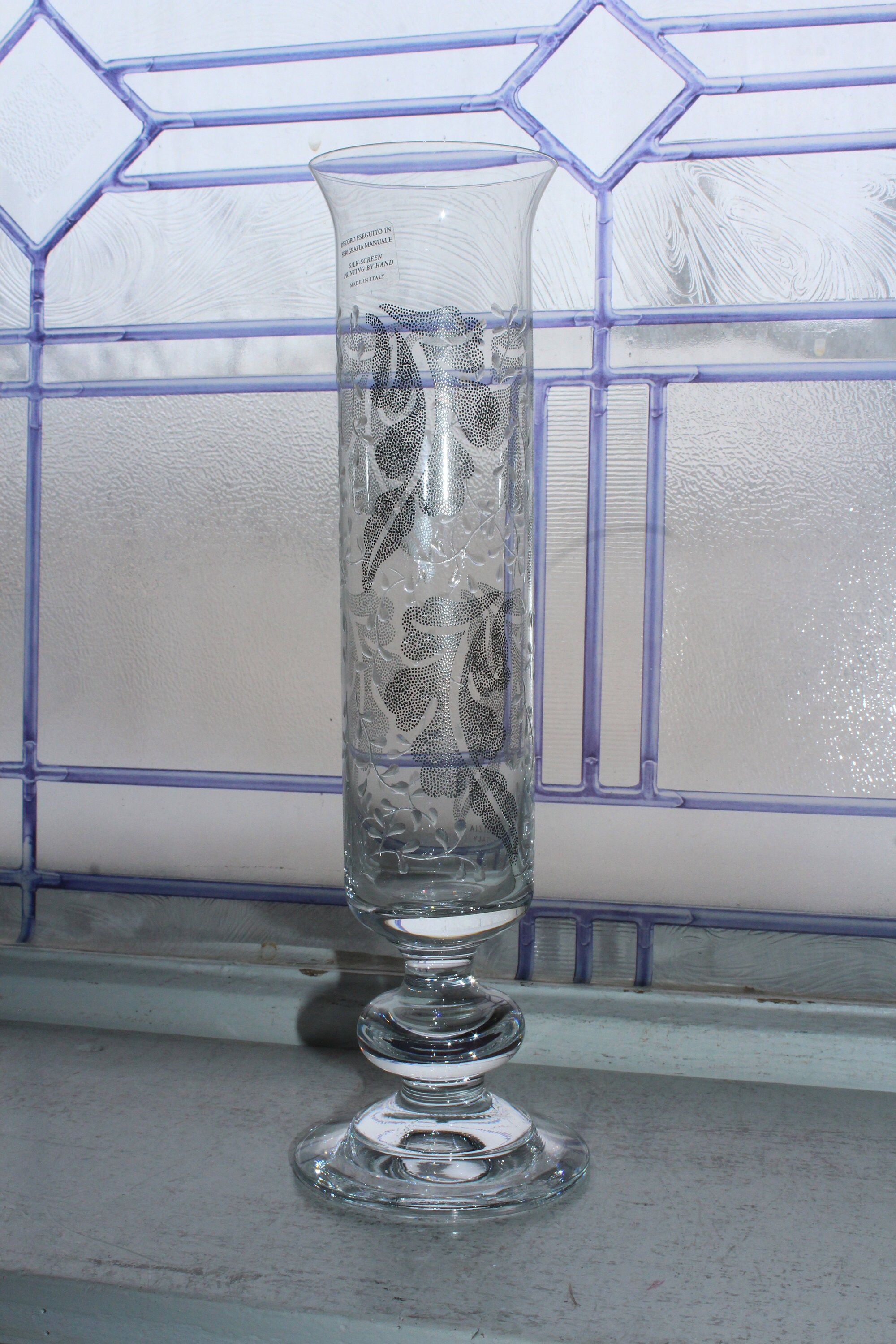 Large Glass Bud Vase Italian Preston Bailey Silk Screen Printed