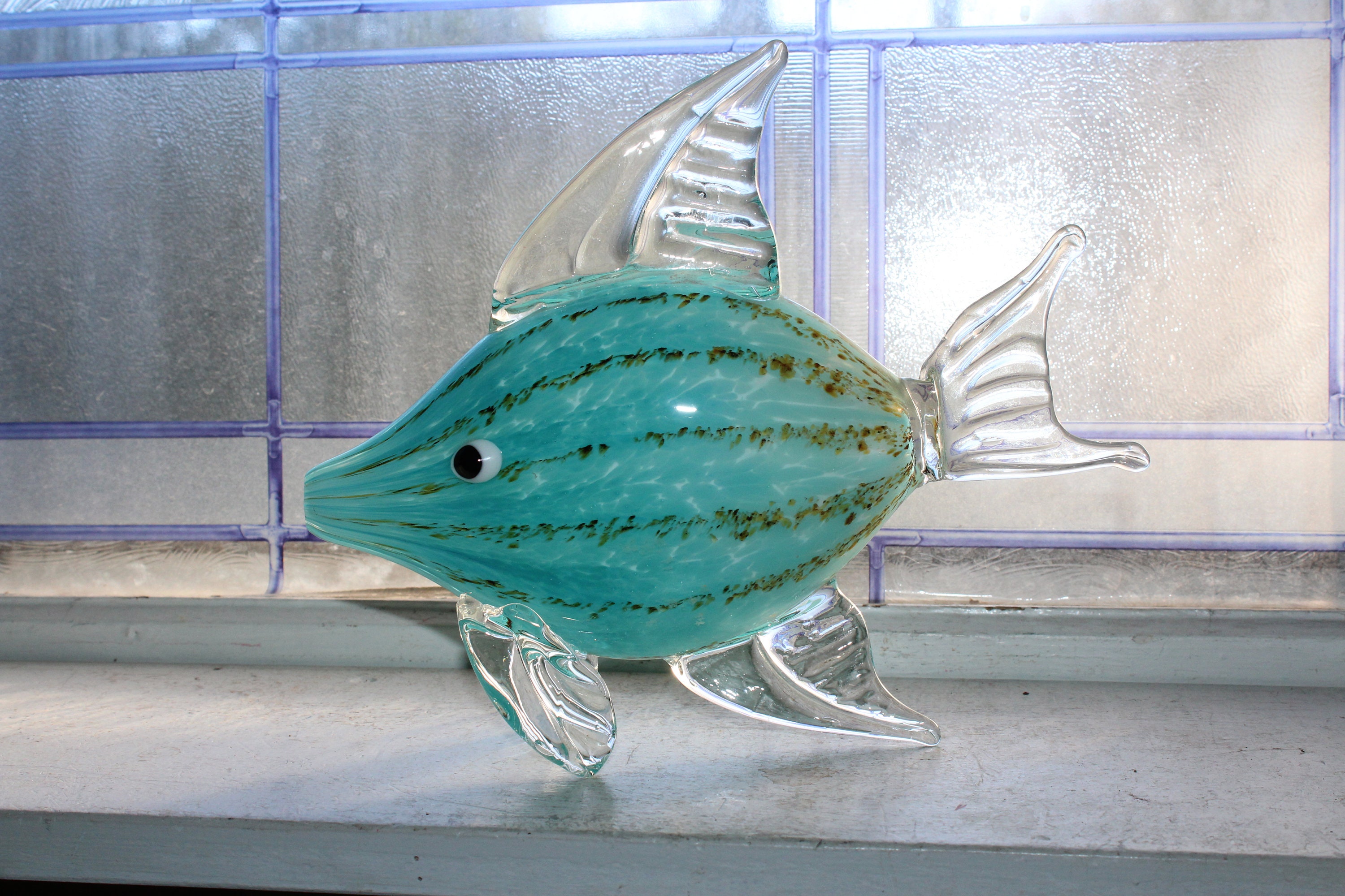 Murano Art Glass Fish Figurine Striped Turquoise Vintage 1950s