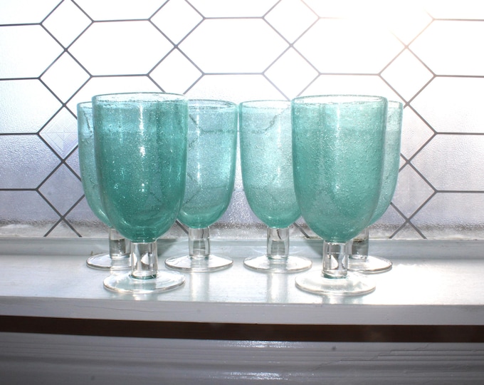 6 Aqua Blue Ice Tea Glasses Seeded Bubble Glass Home Studio Shoreline Collection