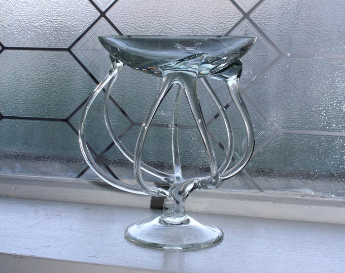 Vintage Jelly Fish Art Glass Pedestal Dish Jozefina Krosno Poland