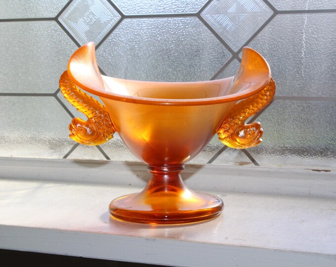 1920s Fenton Comport Iridescent Tangerine Orange Stretch Glass Dolphin Handles