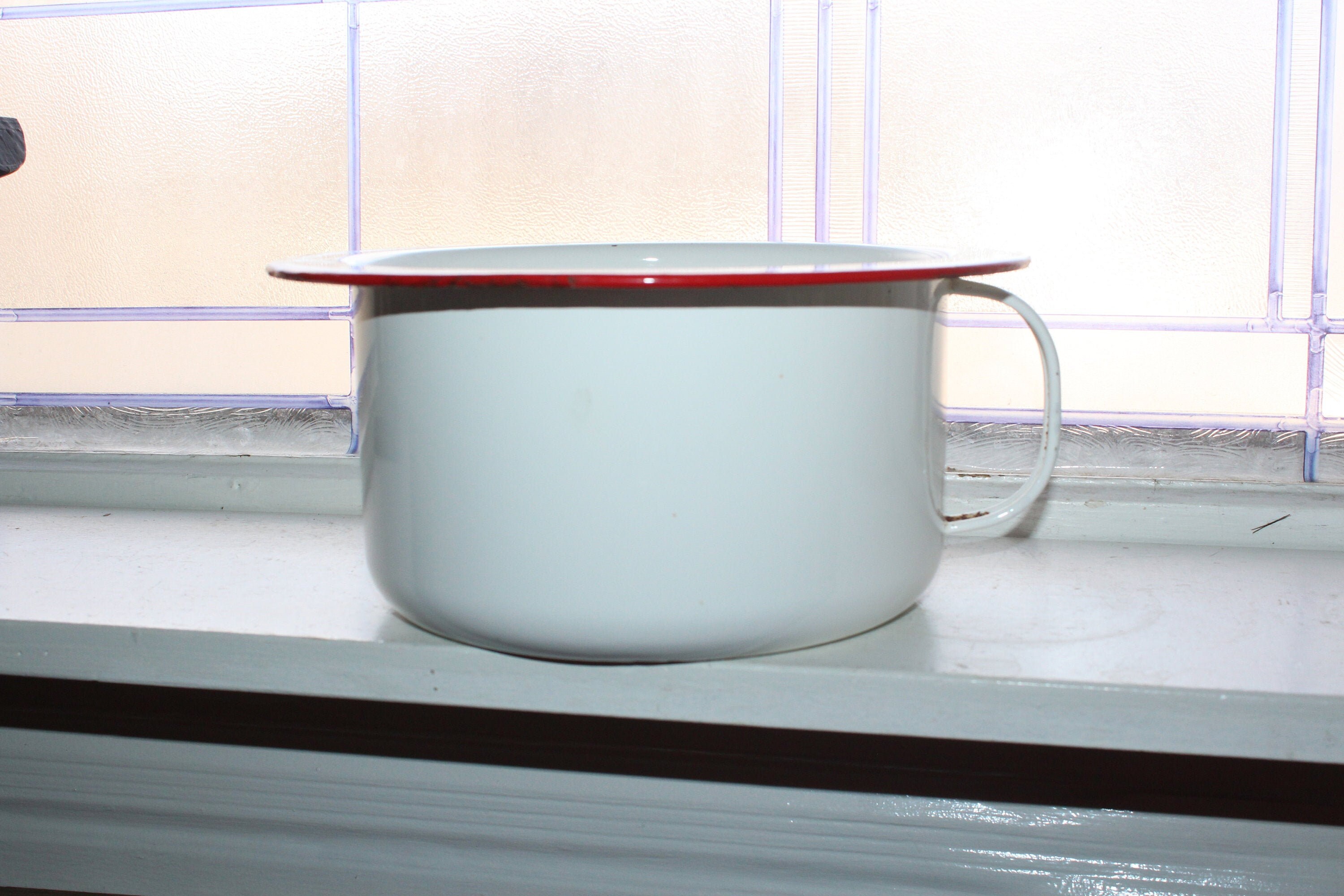 Vintage Chamber Pot White Enamelware Potty with Red Trim