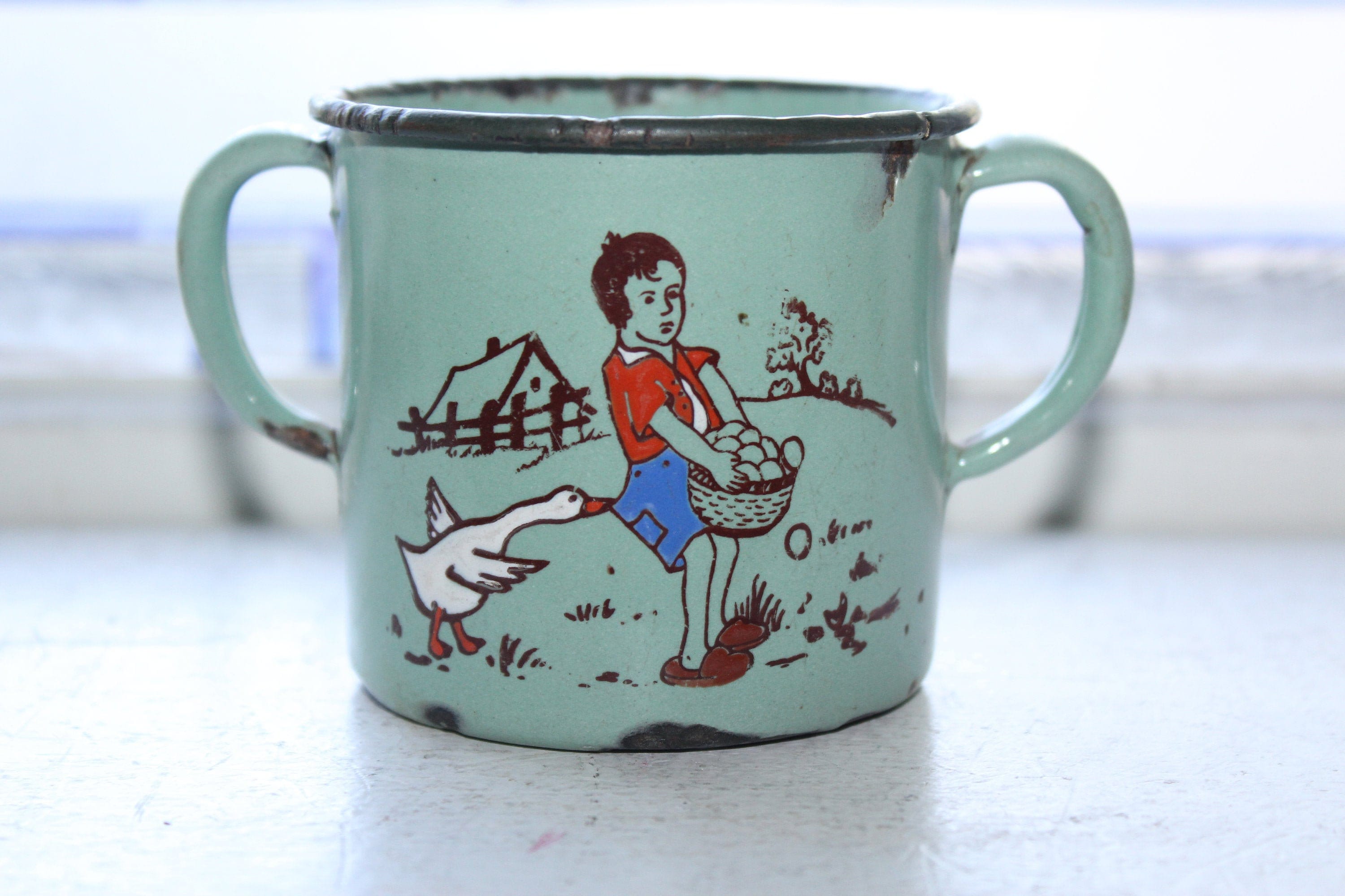 Adorable Vintage Child's Enamelware Mug Cup