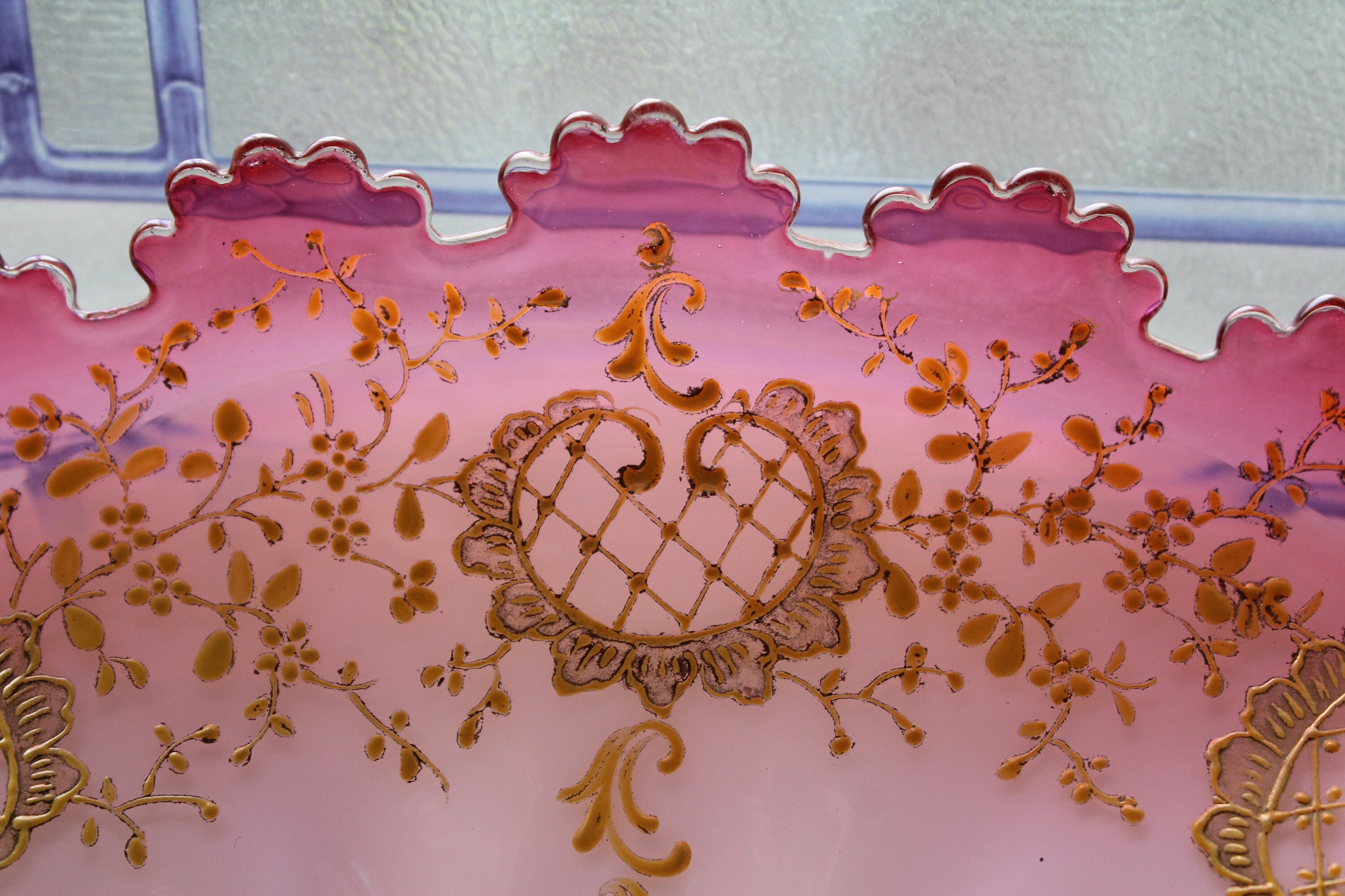 Antique Square Cranberry Glass Brides Basket Bowl with Yellow Enamel