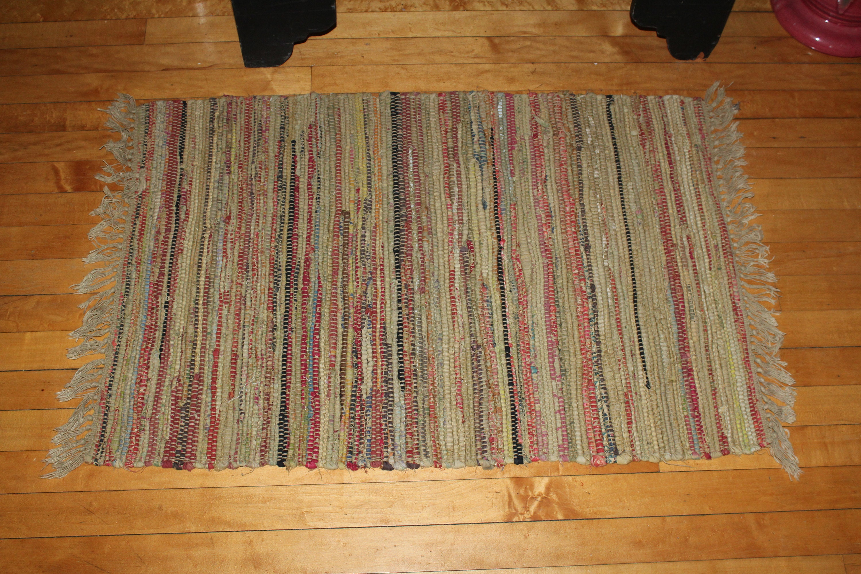 Vintage Country Rag Rug Hand Loomed Mustard Yellow 39 x 23