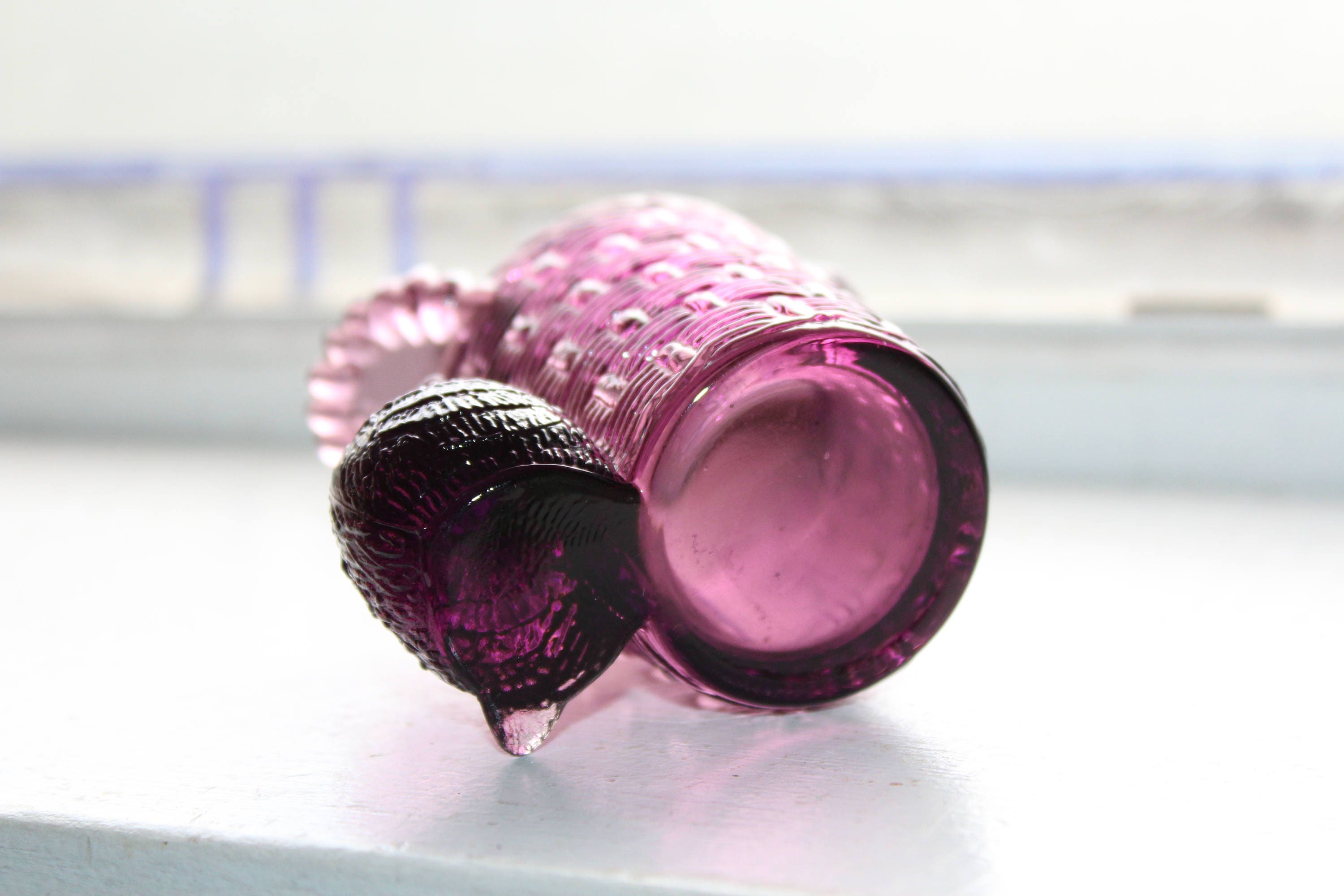 Amethyst Glass Toothpick Holder Chick and Basket Vintage Purple