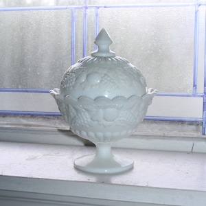 Vintage Westmoreland Milk Glass Covered Jar Grape and Fruit Pattern