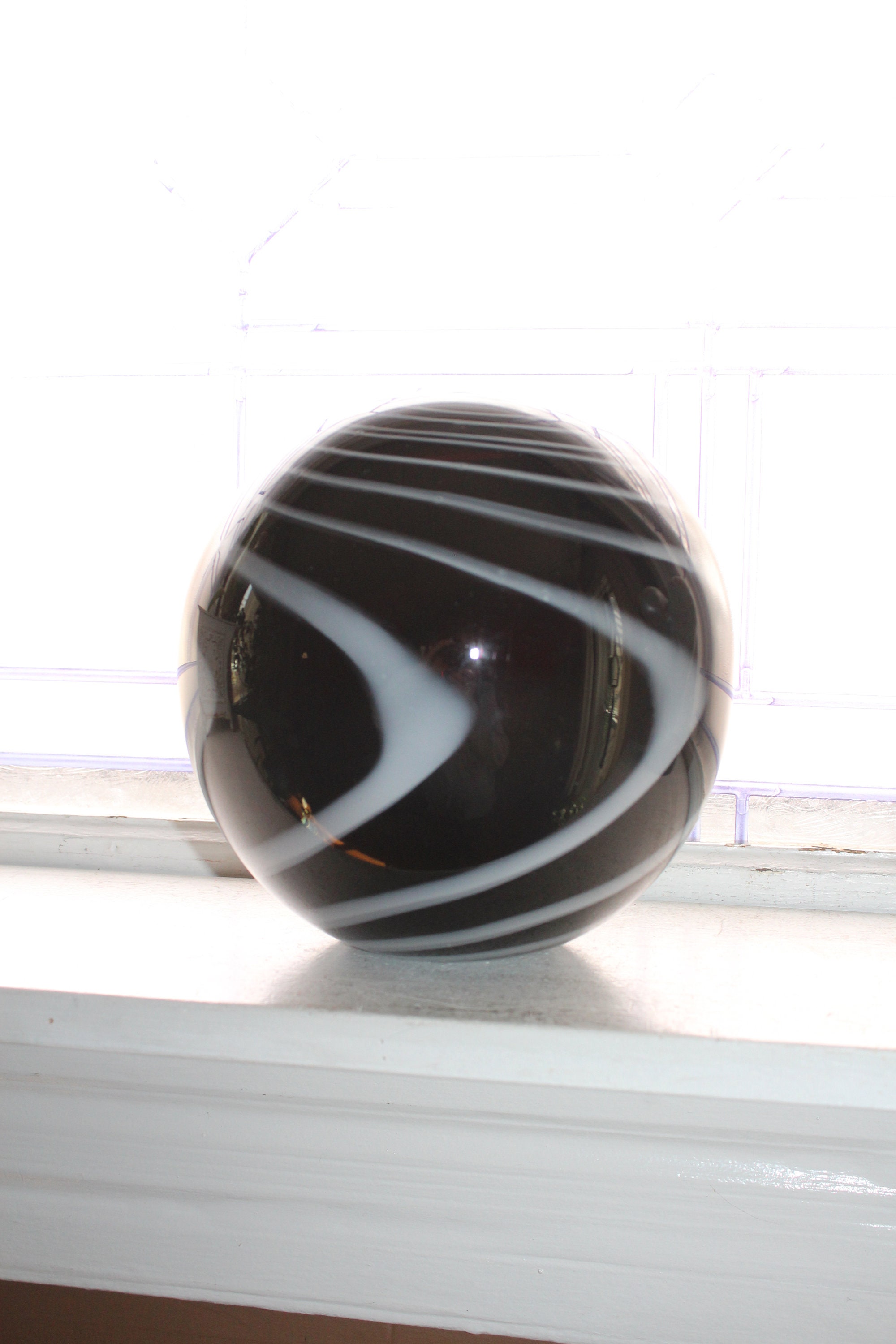 Large Vintage Murano Glass Globe Vase Black & White Swirl